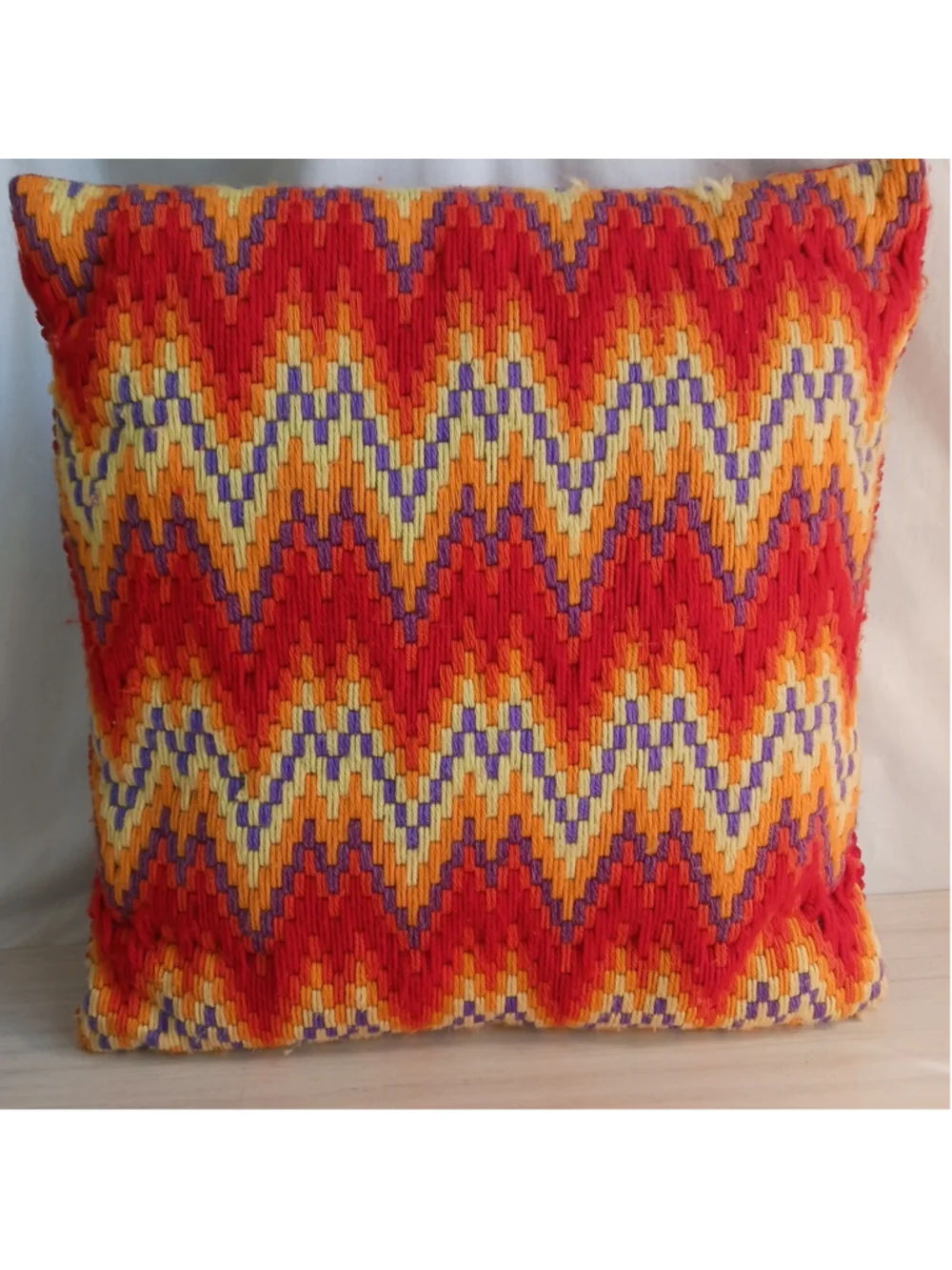 Vintage Bargello Embroidered Pillow Red Yellow Orange